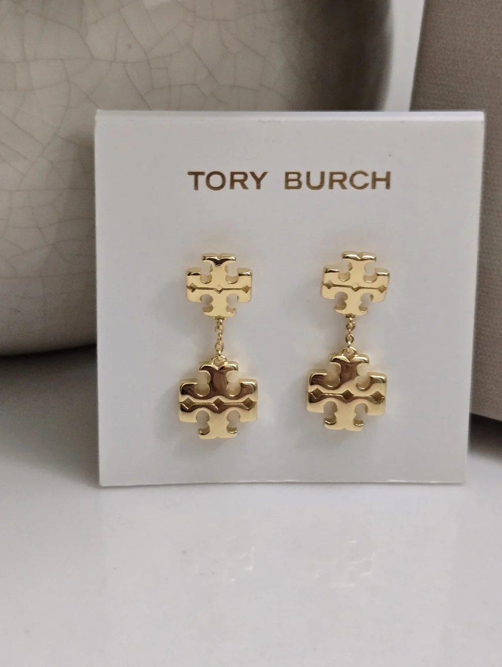 NWT Tory Burch Kira Gold Tone Double Logo Drop Earrings